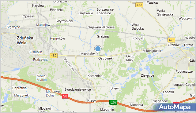 mapa Ostrówek, Ostrówek gmina Zduńska Wola na mapie Targeo